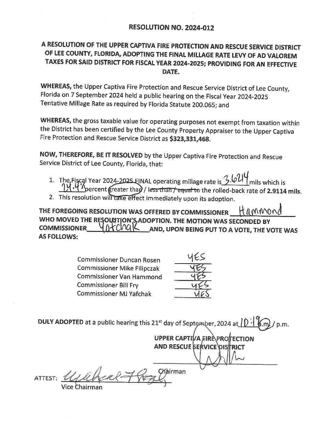 RESOLUTION 2024-012-Adopting-FY25-FINAL-Milage-1st (Signed)