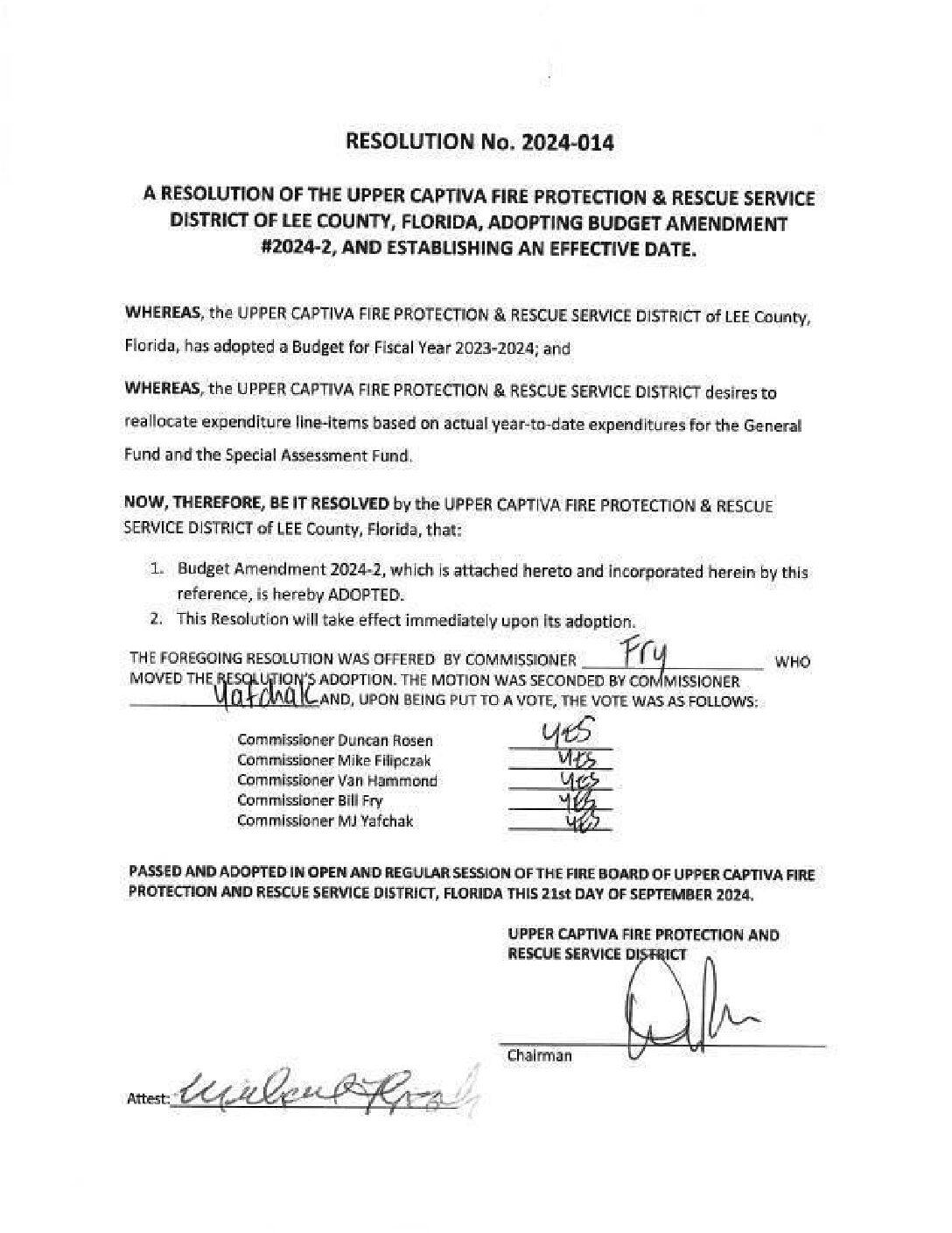 RESOLUTION 2024-014 Adopting Budget Amendment (Signed)