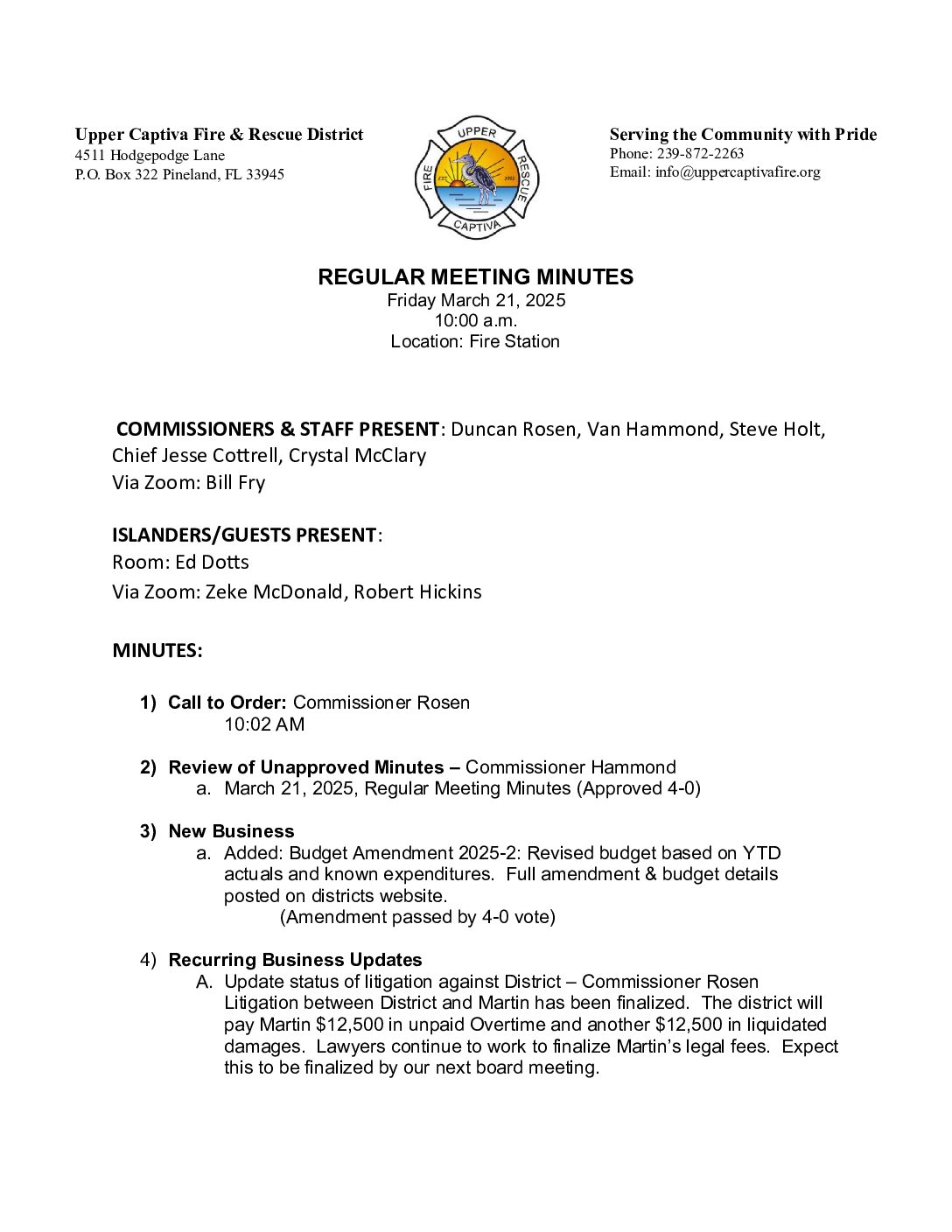 Minutes March 21 2025 Regular Board meeting Approved