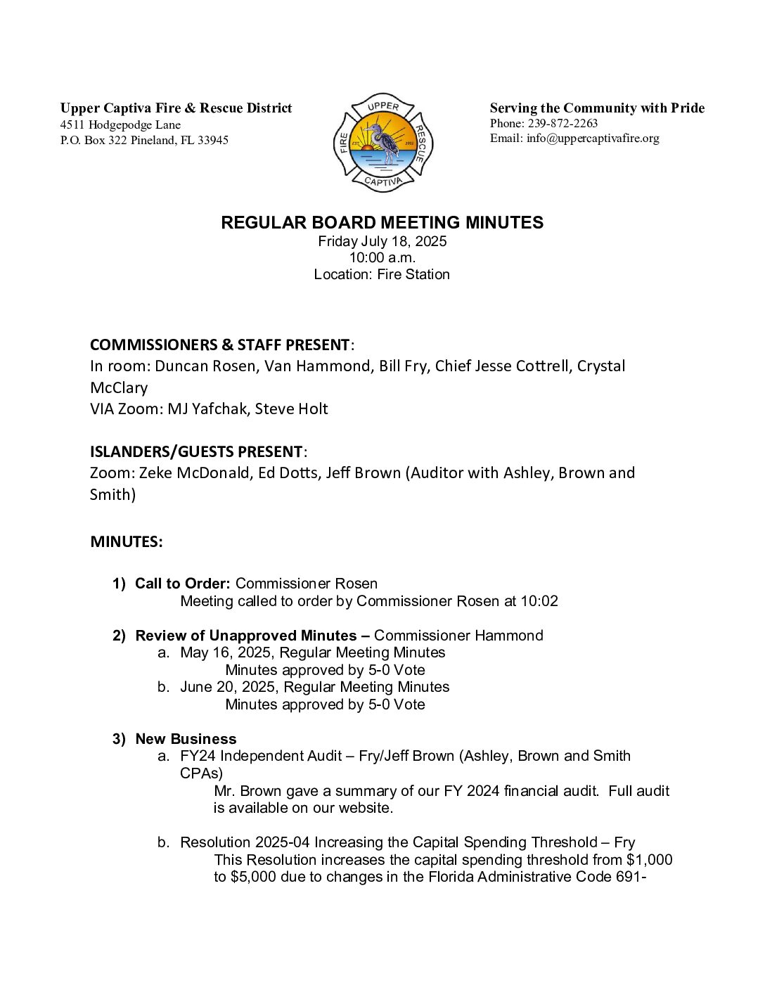 Minutes July 18 2025 Regular Board Meeting Approved