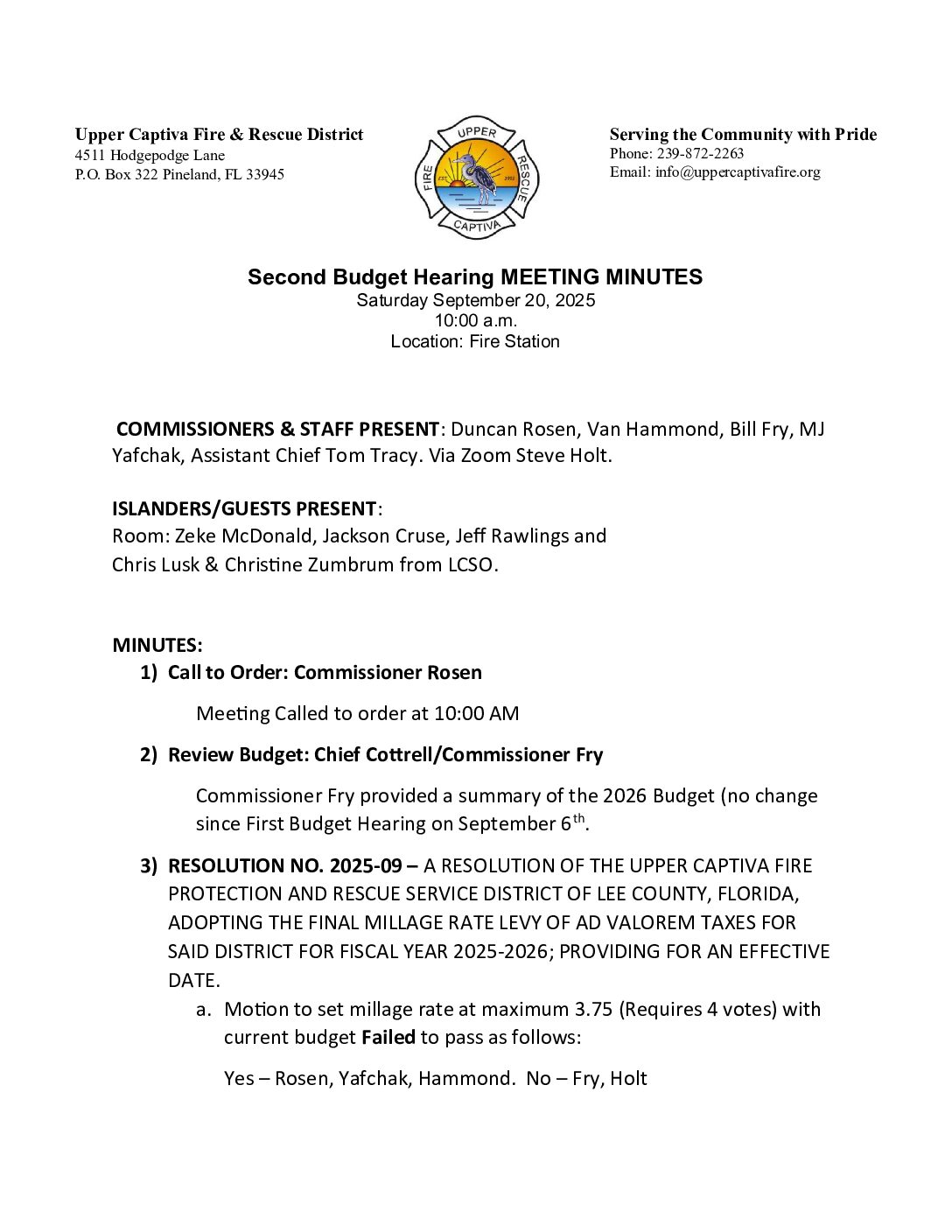 Minutes September 20 2025 Second Budget Hearing Approved